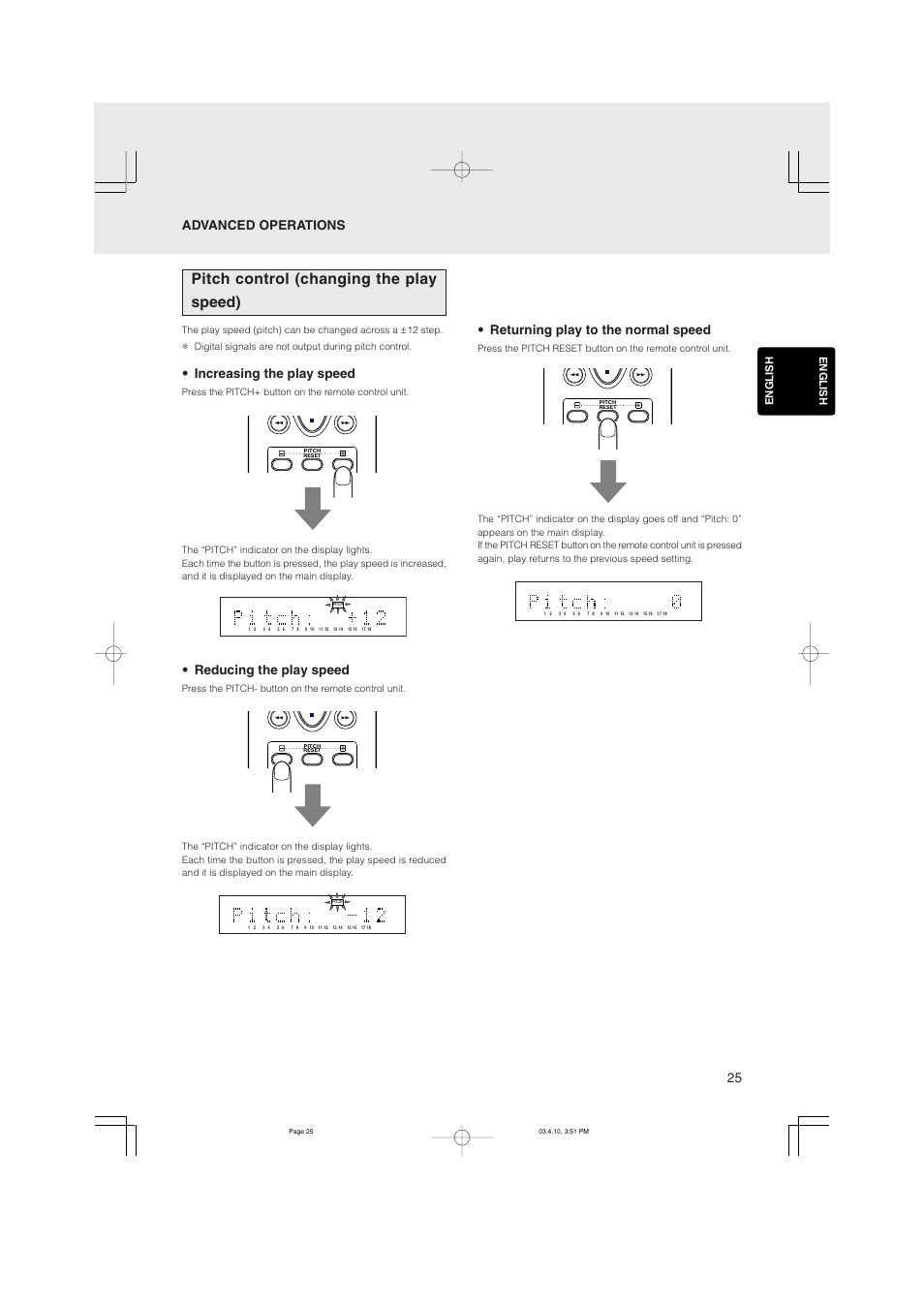 Pitch control (changing the play speed), Increasing the play speed, Reducing the play speed | English | Marantz CD5400 User Manual | Page 29 / 33