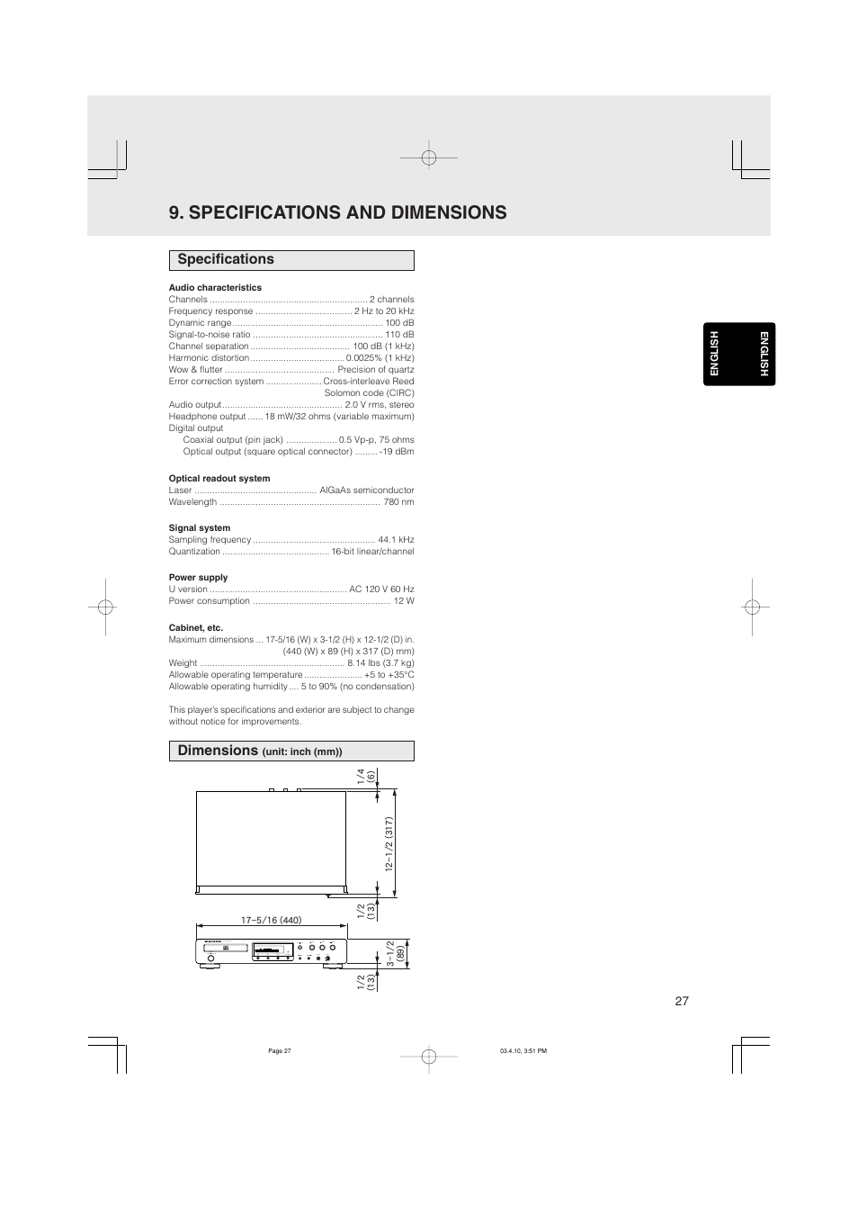 Specifications and dimensions | Marantz CD5400 User Manual | Page 31 / 33