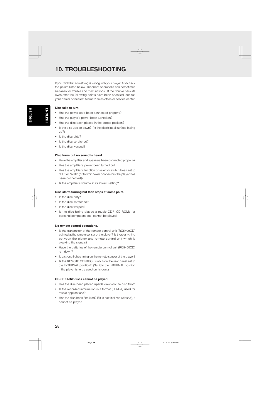 Troubleshooting | Marantz CD5400 User Manual | Page 32 / 33