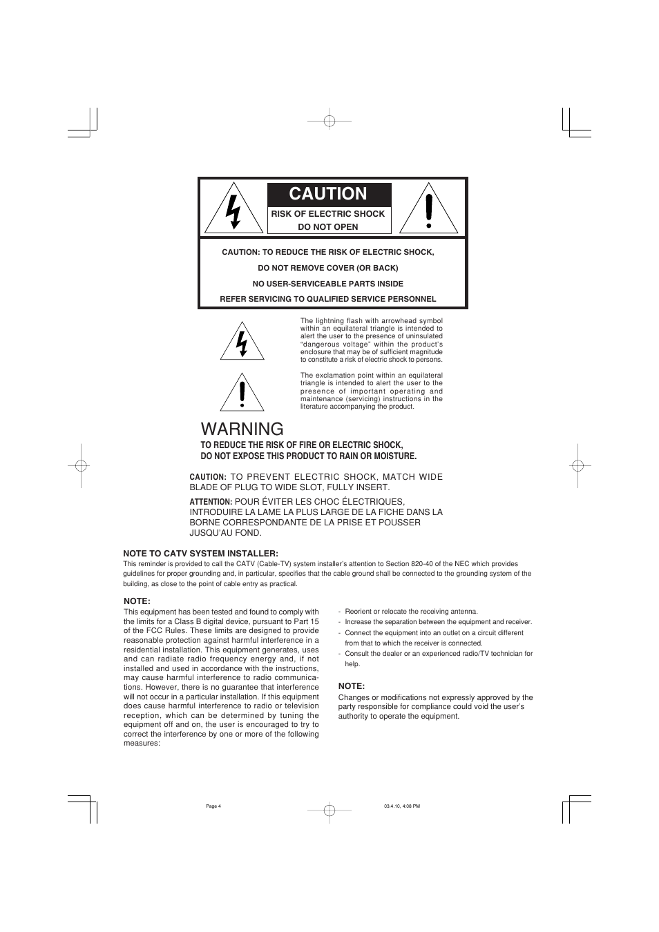 Caution, Warning | Marantz CD5400 User Manual | Page 4 / 33