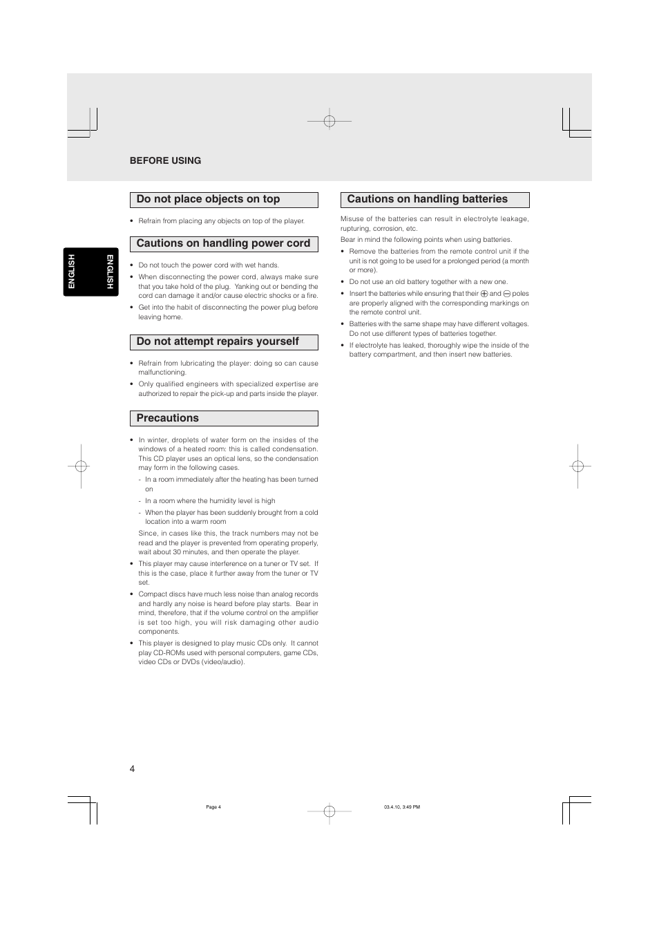 Do not place objects on top, Cautions on handling power cord, Do not attempt repairs yourself | Precautions, Cautions on handling batteries | Marantz CD5400 User Manual | Page 8 / 33