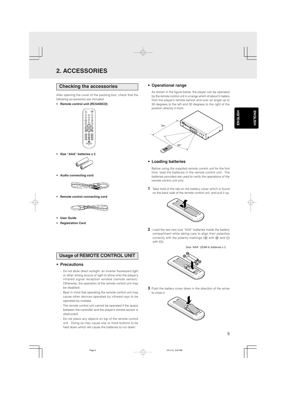 Accessories, Checking the accessories, Usage of remote control unit | Program | Marantz CD5400 User Manual | Page 9 / 33