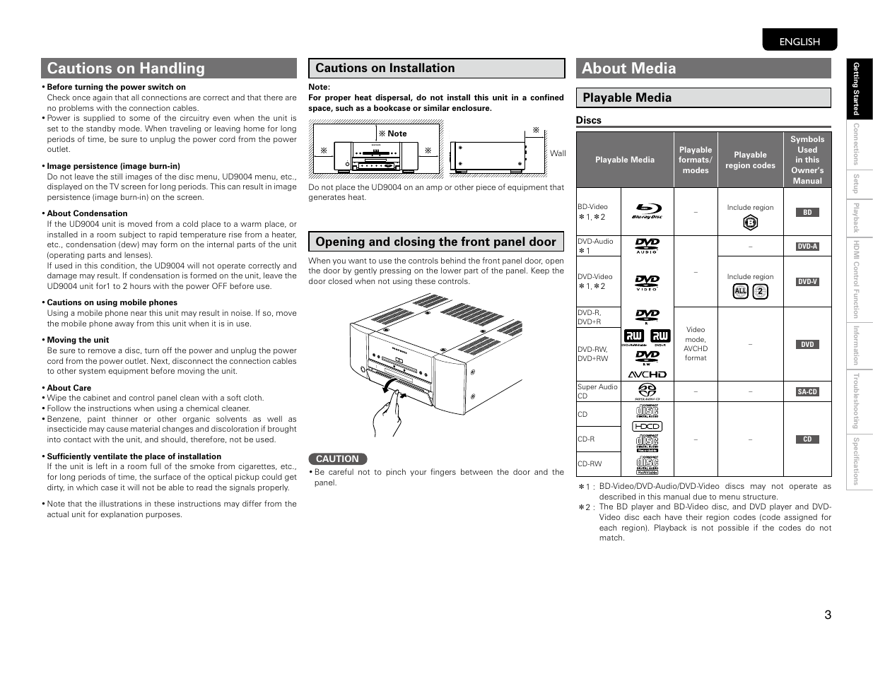 Disc compatibility, Cautions on handling, About media | Cautions on installation, Playable media, Opening and closing the front panel door | Marantz UD9004 User Manual | Page 6 / 77