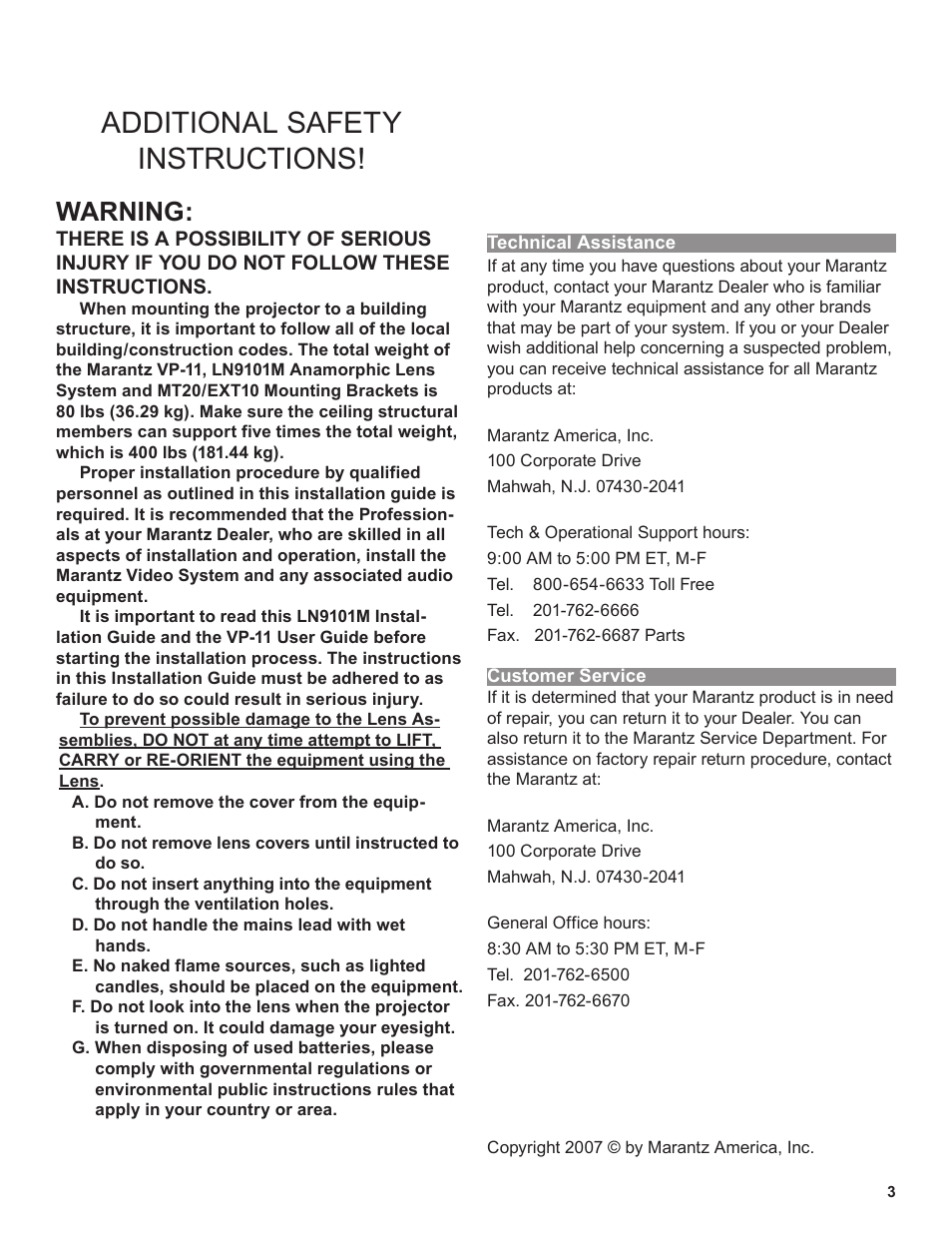 Additional safety instructions, Warning | Marantz LN9101M User Manual | Page 3 / 12