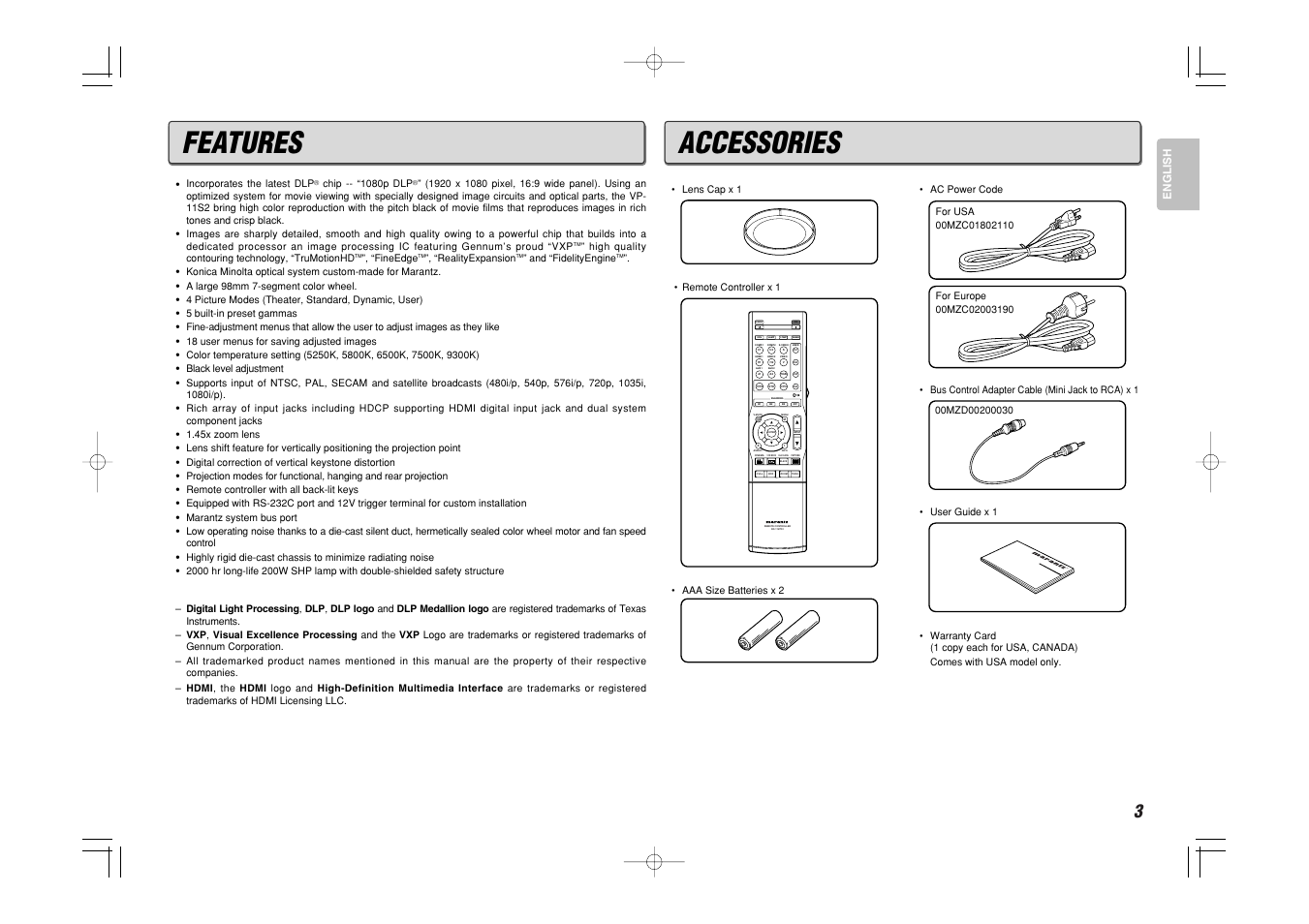 Features, Accessories | Marantz Mrantz DLP Projector VP-11S2 User Manual | Page 11 / 47