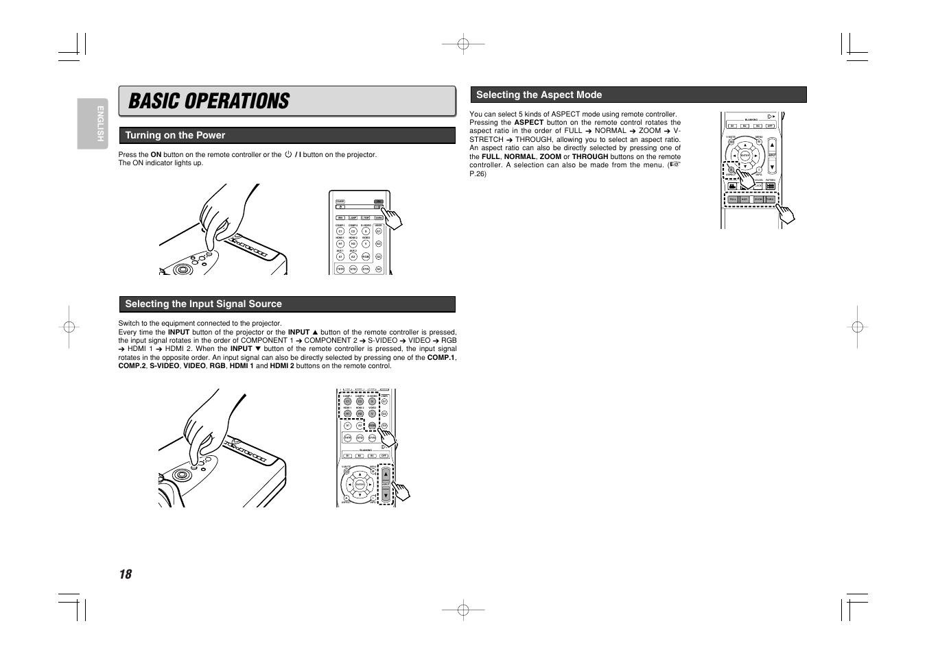 Basic operations, Selecting the input signal source, Turning on the power | Selecting the aspect mode, English | Marantz Mrantz DLP Projector VP-11S2 User Manual | Page 26 / 47