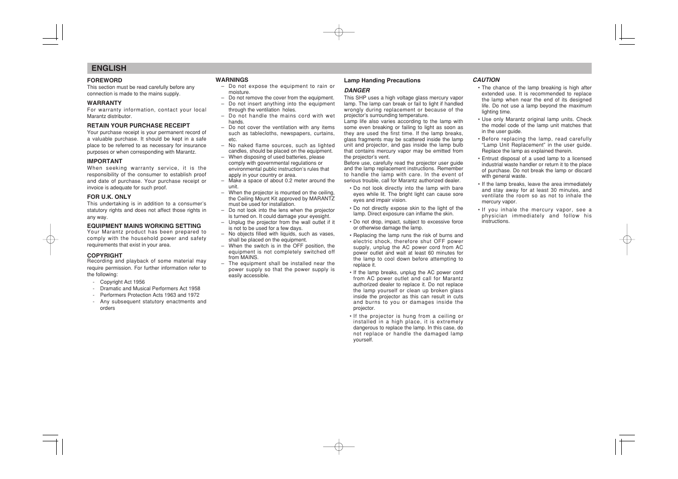 English | Marantz Mrantz DLP Projector VP-11S2 User Manual | Page 3 / 47