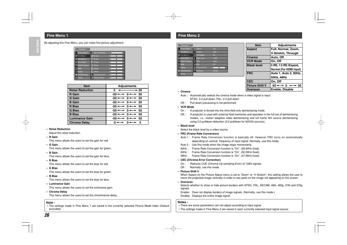 Fine menu 2, Fine menu 1 | Marantz Mrantz DLP Projector VP-11S2 User Manual | Page 34 / 47