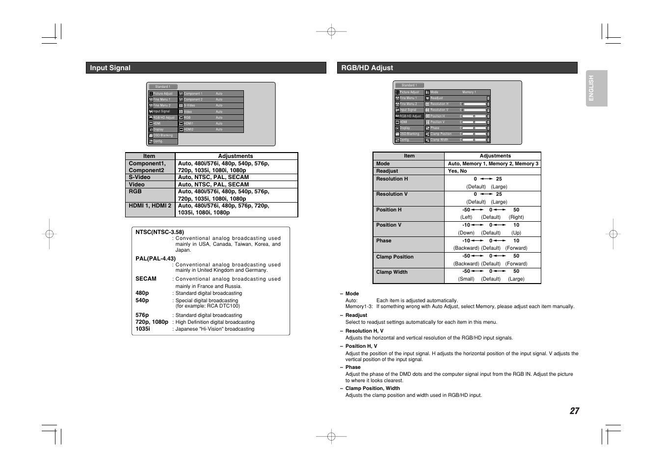 Input signal, Rgb/hd adjust | Marantz Mrantz DLP Projector VP-11S2 User Manual | Page 35 / 47