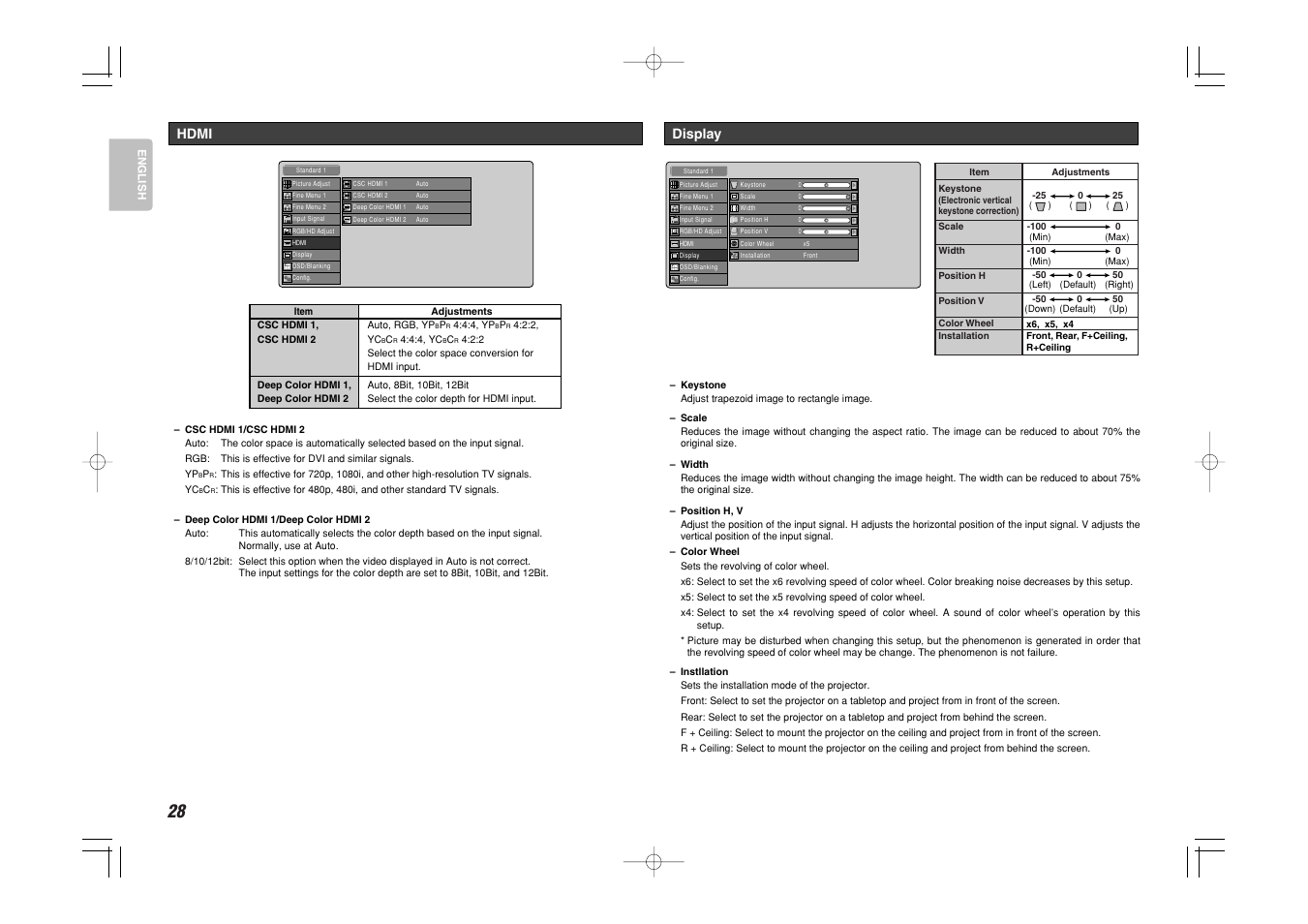 Display, Hdmi | Marantz Mrantz DLP Projector VP-11S2 User Manual | Page 36 / 47