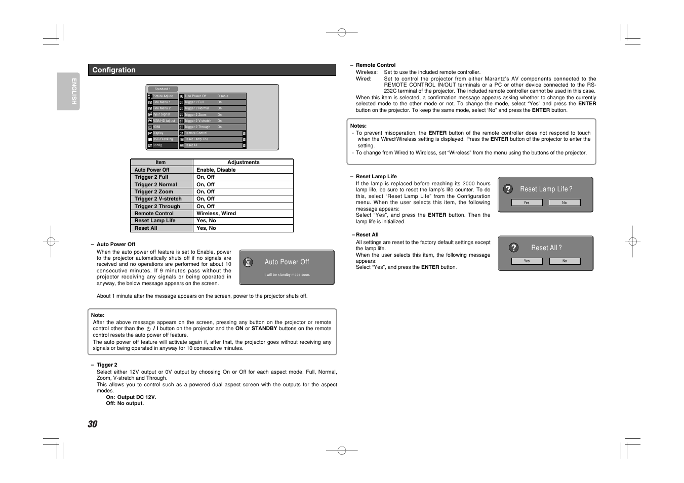 Configration, Reset lamp life ? reset all, Auto power off | Marantz Mrantz DLP Projector VP-11S2 User Manual | Page 38 / 47