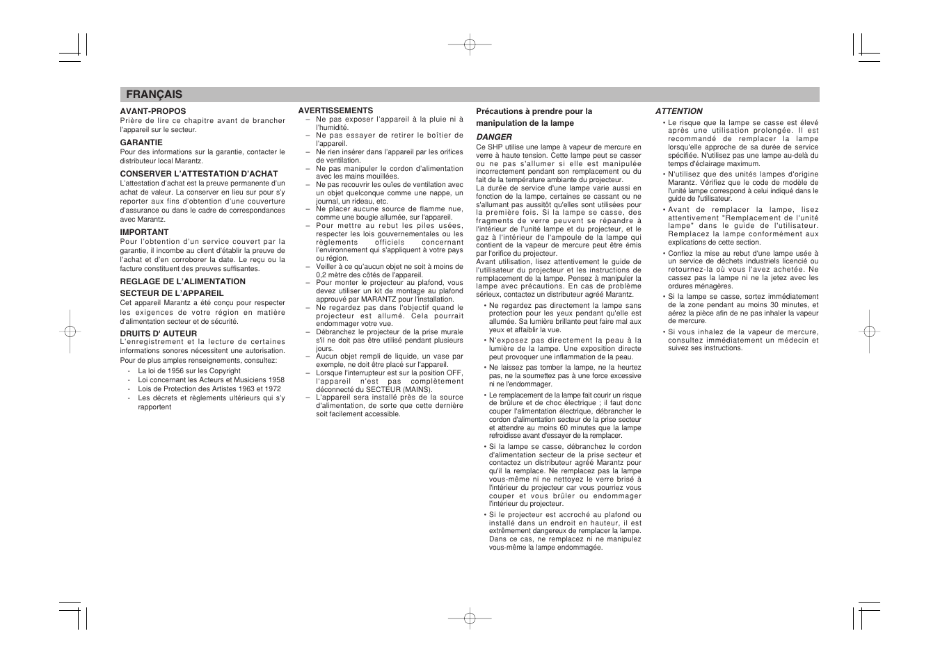 Français | Marantz Mrantz DLP Projector VP-11S2 User Manual | Page 4 / 47