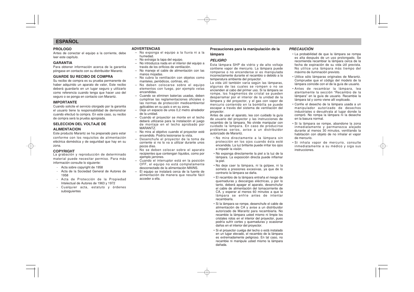 Español | Marantz Mrantz DLP Projector VP-11S2 User Manual | Page 5 / 47