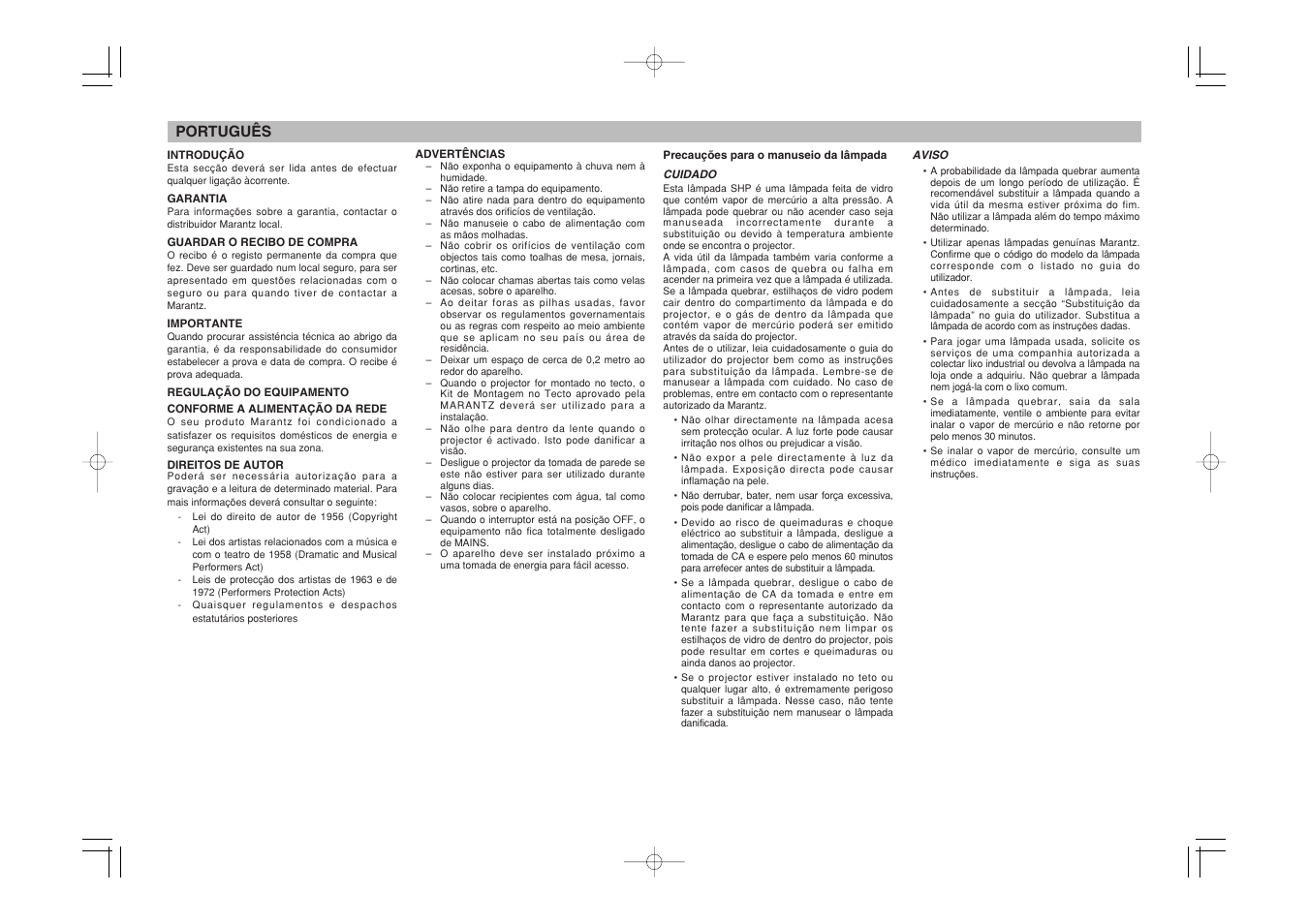 Português | Marantz Mrantz DLP Projector VP-11S2 User Manual | Page 6 / 47