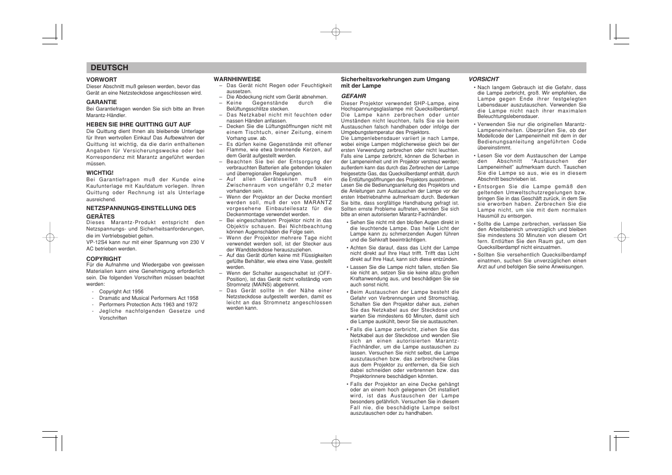 Deutsch | Marantz Mrantz DLP Projector VP-11S2 User Manual | Page 7 / 47