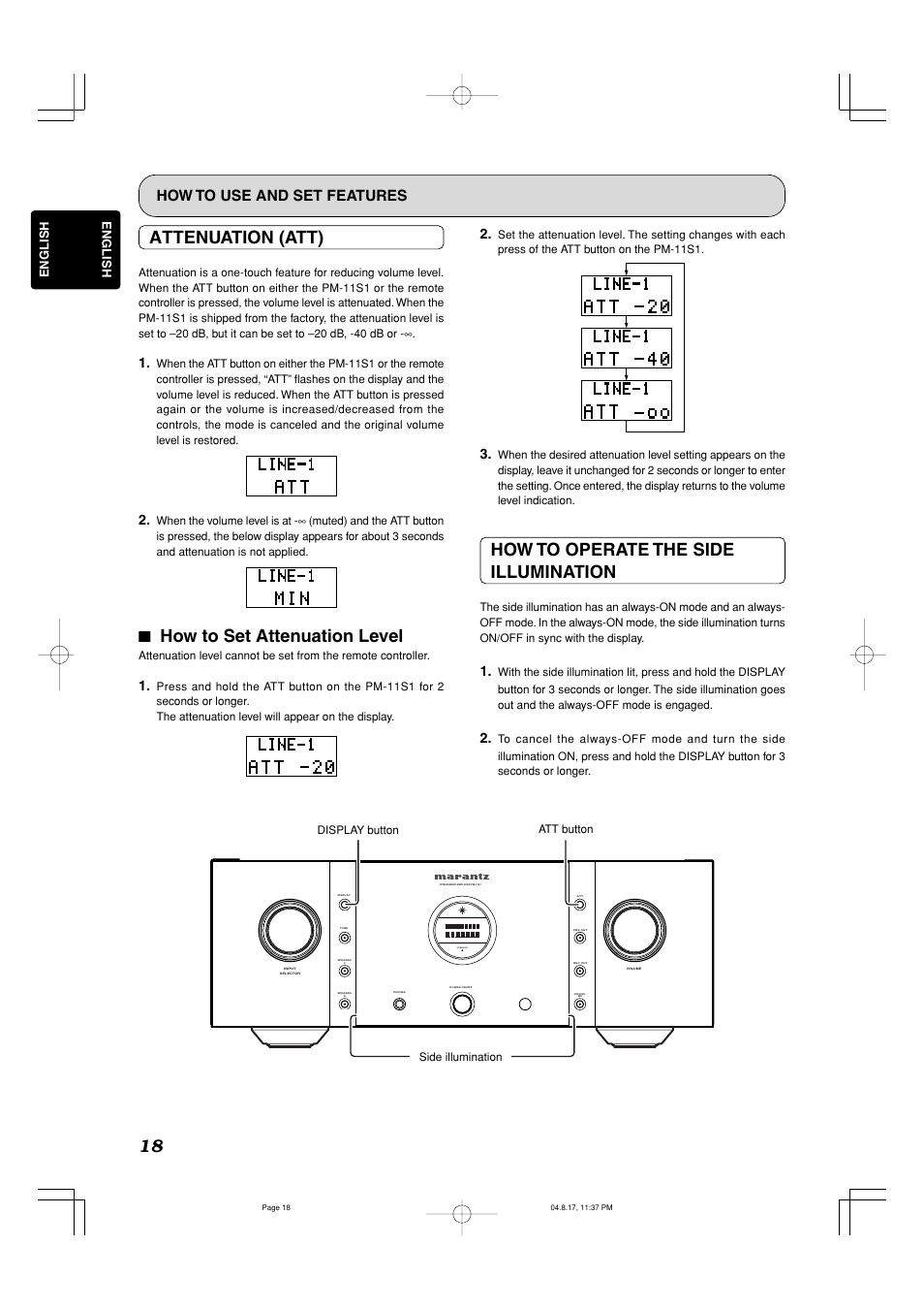 Attenuation (att), 77 how to set attenuation level, How to operate the side illumination | How to use and set features, Operate | Marantz PM-11S1 User Manual | Page 22 / 29