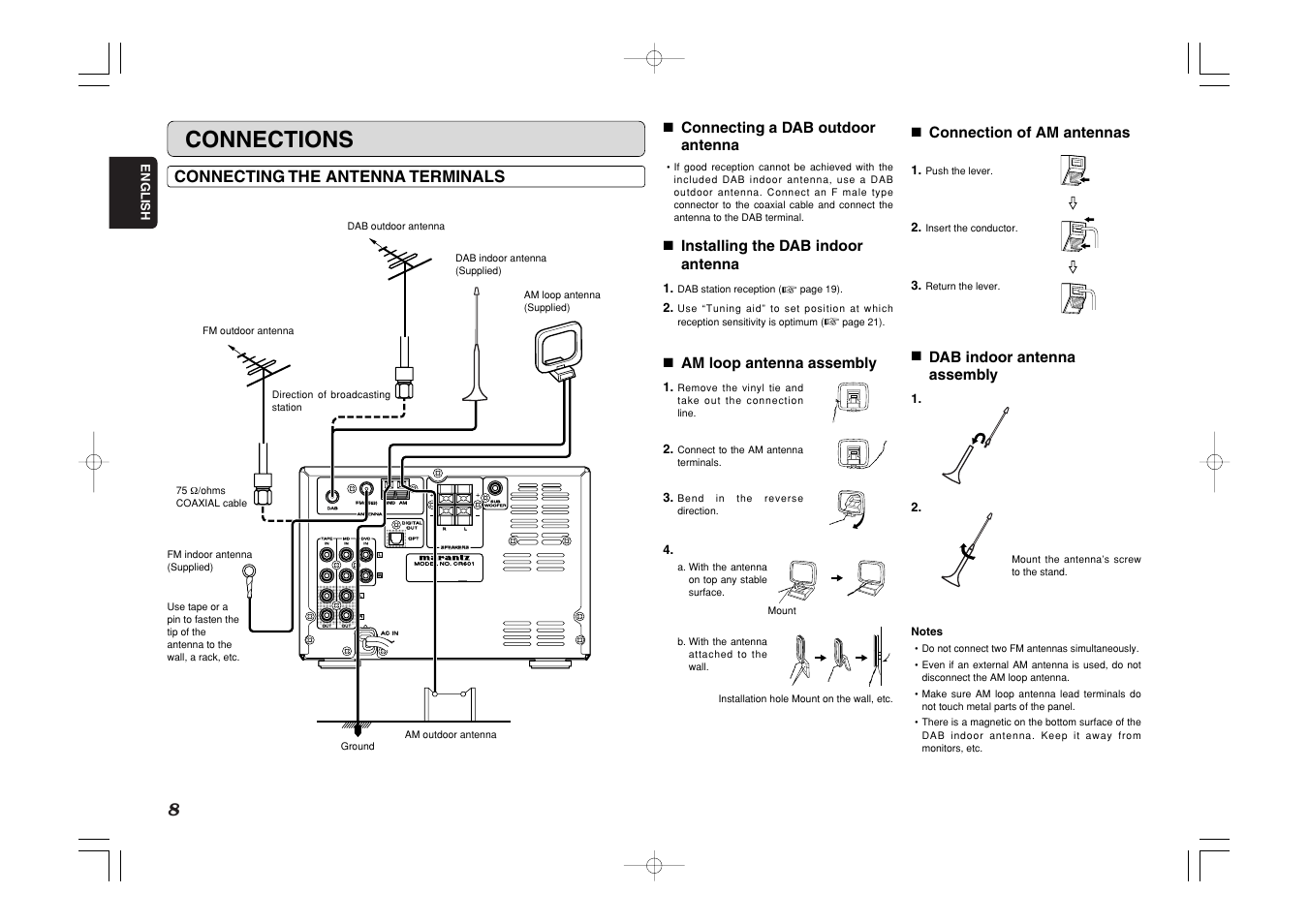 Connections, Connecting the antenna terminals, 7 connecting a dab outdoor antenna | 7 installing the dab indoor antenna, 7 am loop antenna assembly, 7 connection of am antennas, 7 dab indoor antenna assembly, English | Marantz CR601 User Manual | Page 12 / 34