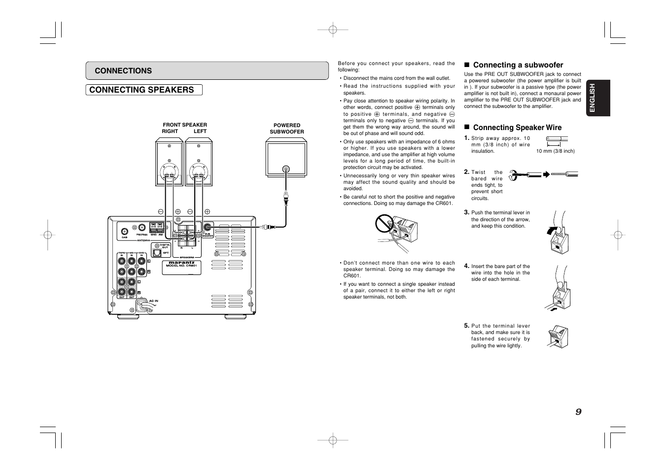 Connecting speakers, Connections, 7 connecting a subwoofer | 7 connecting speaker wire, English | Marantz CR601 User Manual | Page 13 / 34