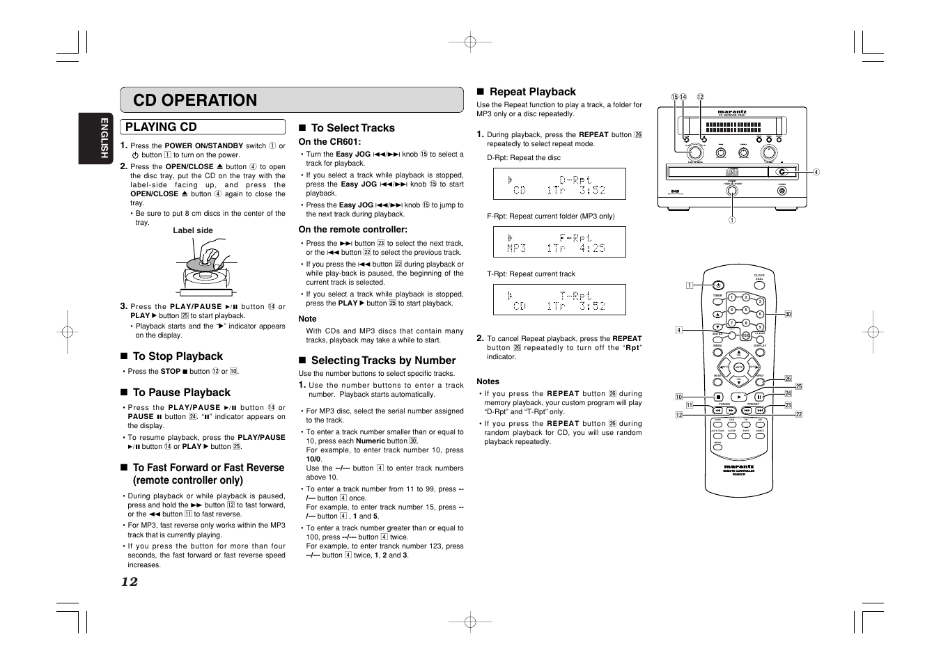 Cd operation, Standby, Playing cd | 7 to stop playback, 7 to pause playback, 7 to select tracks, 7 selecting tracks by number, 7 repeat playback | Marantz CR601 User Manual | Page 16 / 34