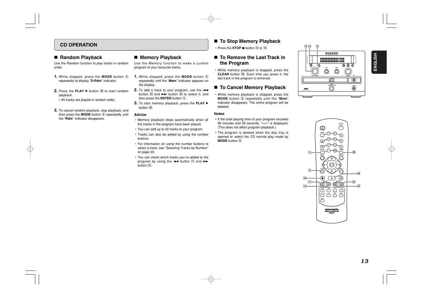 Standby, Cd operation 7 random playback, 7 to remove the last track in the program | Marantz CR601 User Manual | Page 17 / 34