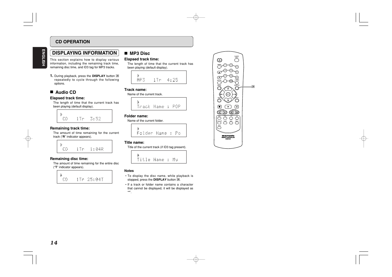 Displaying information, Cd operation, 7 audio cd | 7 mp3 disc, English, Elapsed track time, Remaining track time, Remaining disc time, Track name, Folder name | Marantz CR601 User Manual | Page 18 / 34