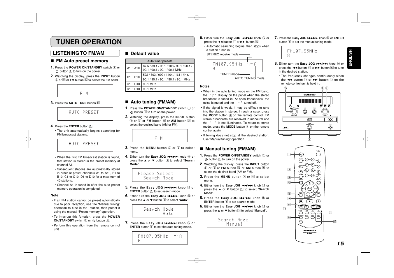 Tuner operation, Standby, Listening to fm/am | 7 default value 7 auto tuning (fm/am), 7 manual tuning (fm/am) | Marantz CR601 User Manual | Page 19 / 34