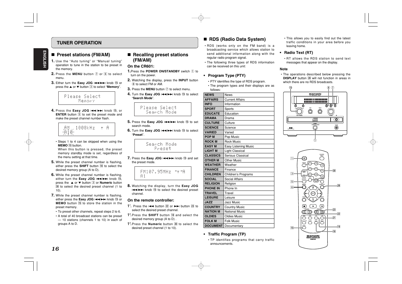 Standby, 7 preset stations (fm/am), 7 recalling preset stations (fm/am) | 7 rds (radio data system), Tuner operation | Marantz CR601 User Manual | Page 20 / 34