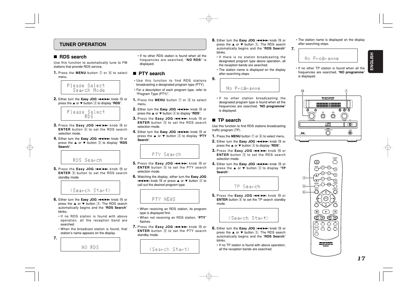 Standby, 7 rds search, 7 pty search | 7 tp search, Tuner operation | Marantz CR601 User Manual | Page 21 / 34