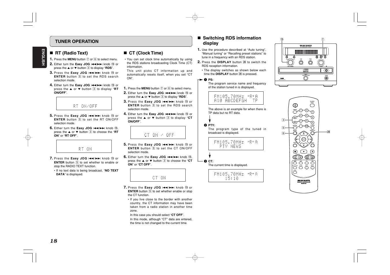 Standby, 7 rt (radio text), 7 ct (clock time) | 7 switching rds information display, Tuner operation | Marantz CR601 User Manual | Page 22 / 34