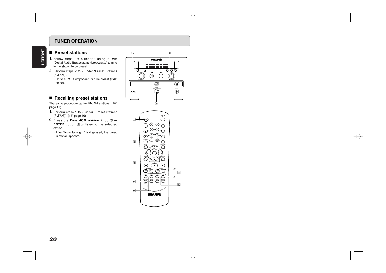 Standby, 7 preset stations, 7 recalling preset stations | Tuner operation | Marantz CR601 User Manual | Page 24 / 34