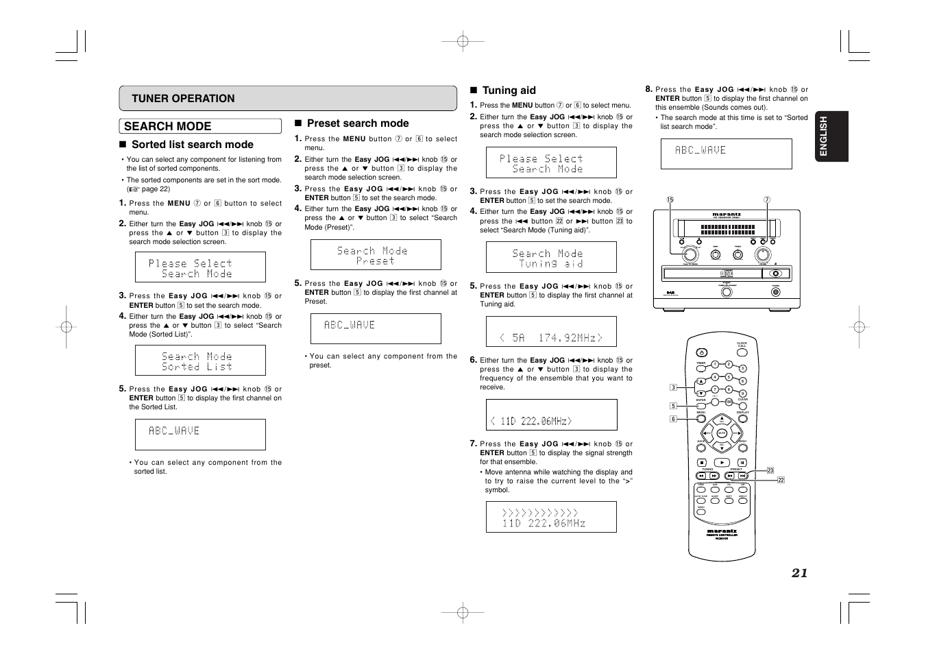 Standby, Search mode, 7 sorted list search mode | 7 preset search mode, 7 tuning aid, Tuner operation | Marantz CR601 User Manual | Page 25 / 34