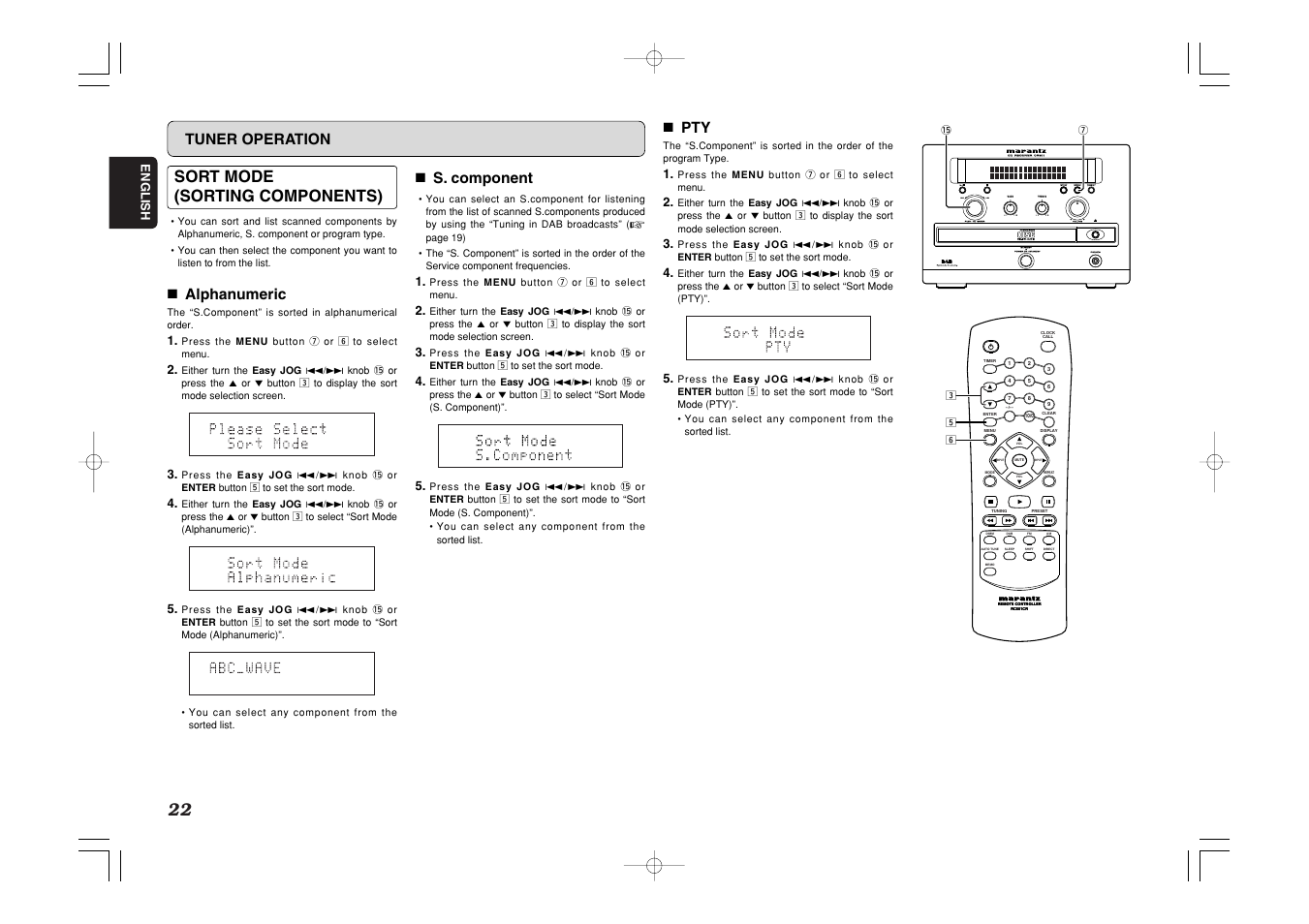 Standby, Sort mode (sorting components), Tuner operation | 7 alphanumeric, 7 s. component, 7 pty | Marantz CR601 User Manual | Page 26 / 34