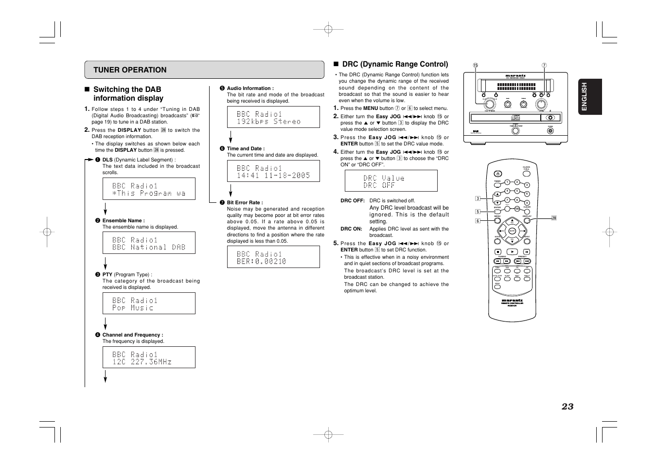 Standby, 7 switching the dab information display, Tuner operation 7 drc (dynamic range control) | Marantz CR601 User Manual | Page 27 / 34