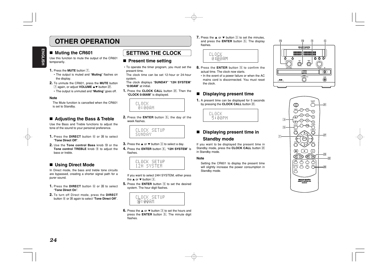 Other operation, Standby, Setting the clock | 7 muting the cr601, 7 adjusting the bass & treble, 7 using direct mode, 7 present time setting, 7 displaying present time, 7 displaying present time in standby mode | Marantz CR601 User Manual | Page 28 / 34