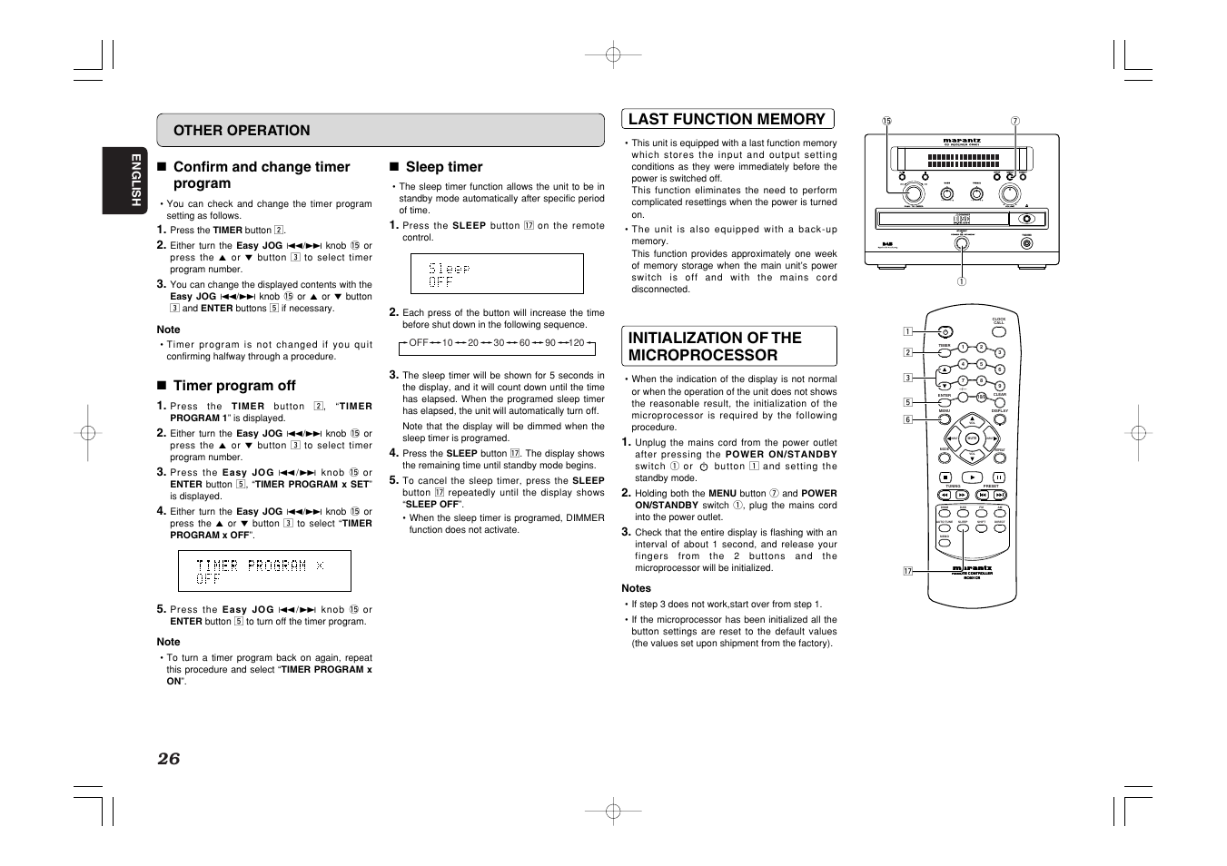 Standby, Initialization of the microprocessor, 7 confirm and change timer program | 7 timer program off, 7 sleep timer, Other operation | Marantz CR601 User Manual | Page 30 / 34