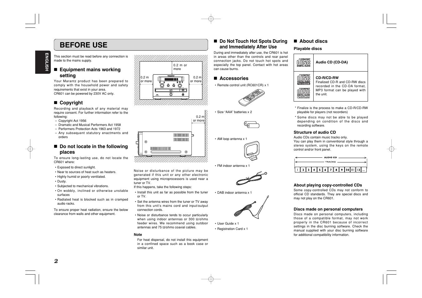 Before use, Standby | Marantz CR601 User Manual | Page 6 / 34