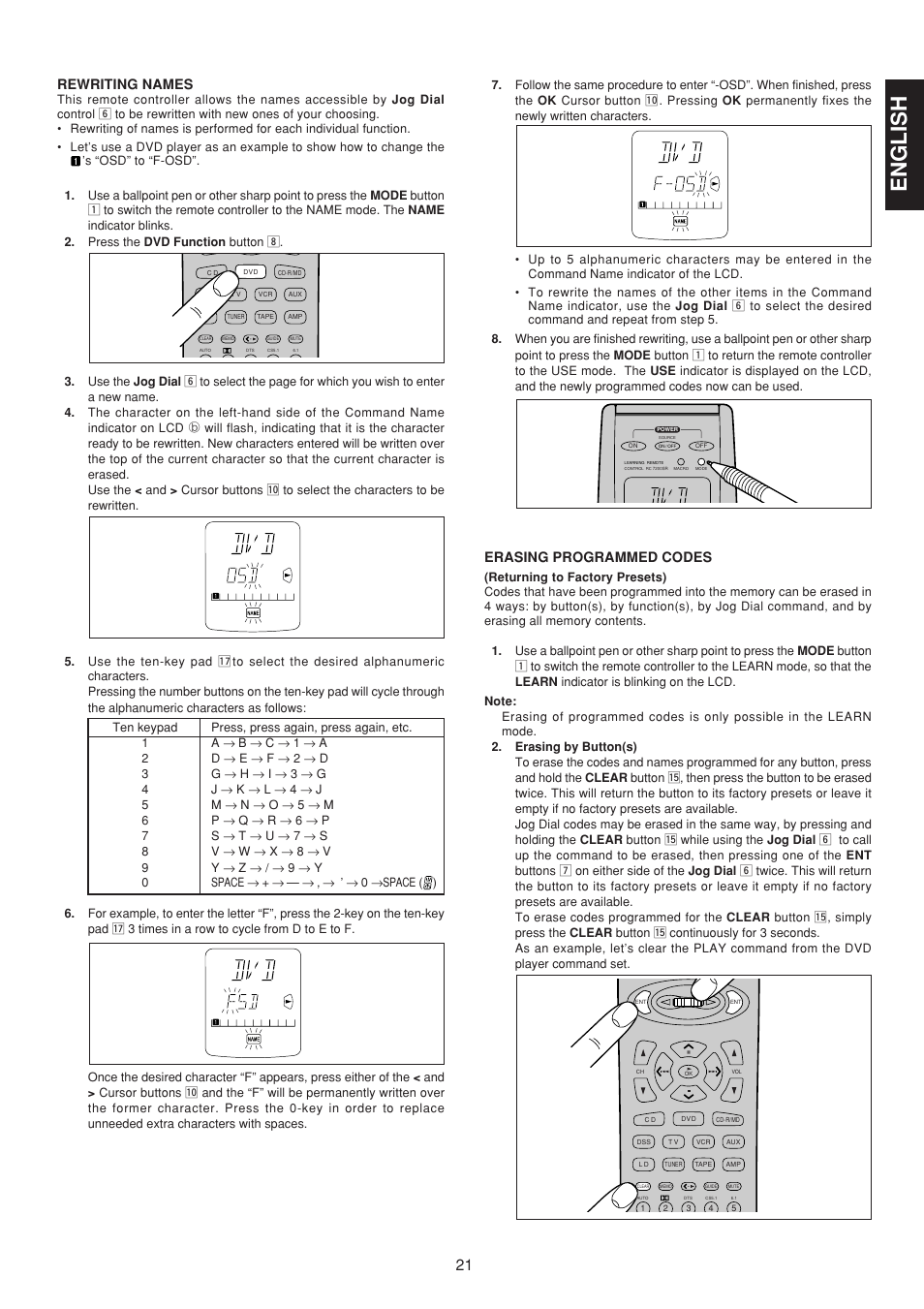 English, Rewriting names, Erasing programmed codes | Marantz SR7200 User Manual | Page 28 / 39