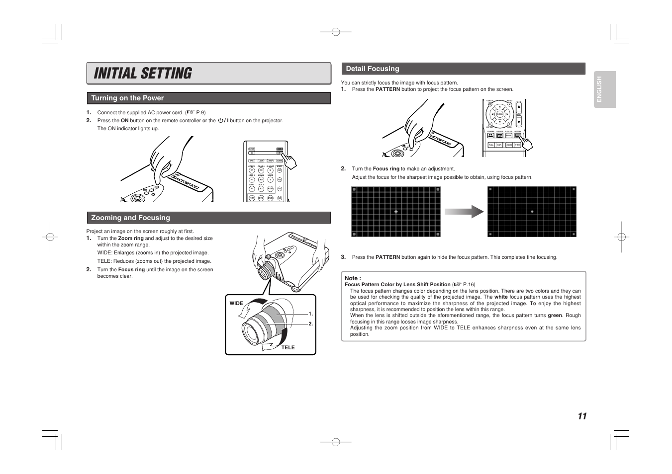 Initial setting, Zooming and focusing, Turning on the power | Detail focusing | Marantz VP-15S1 User Manual | Page 19 / 47