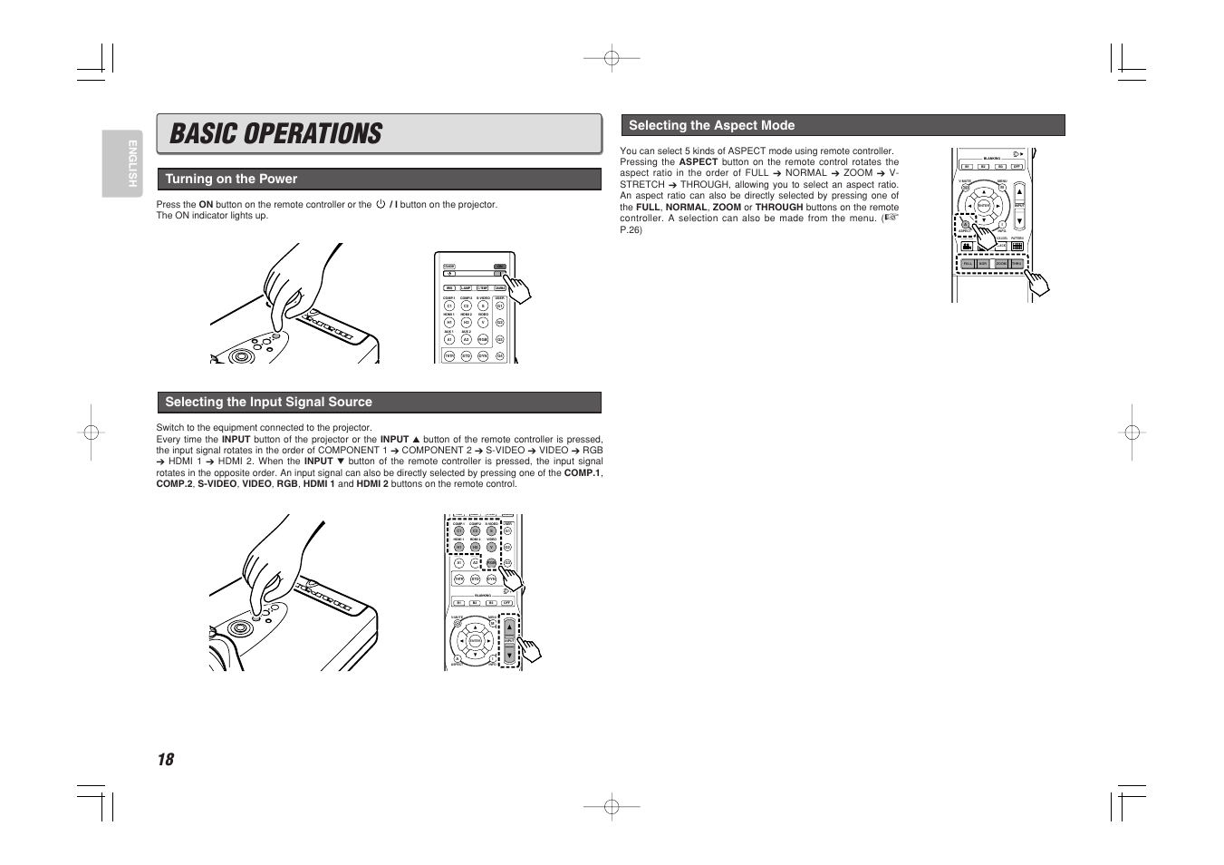 Basic operations, Selecting the input signal source, Turning on the power | Selecting the aspect mode, English | Marantz VP-15S1 User Manual | Page 26 / 47