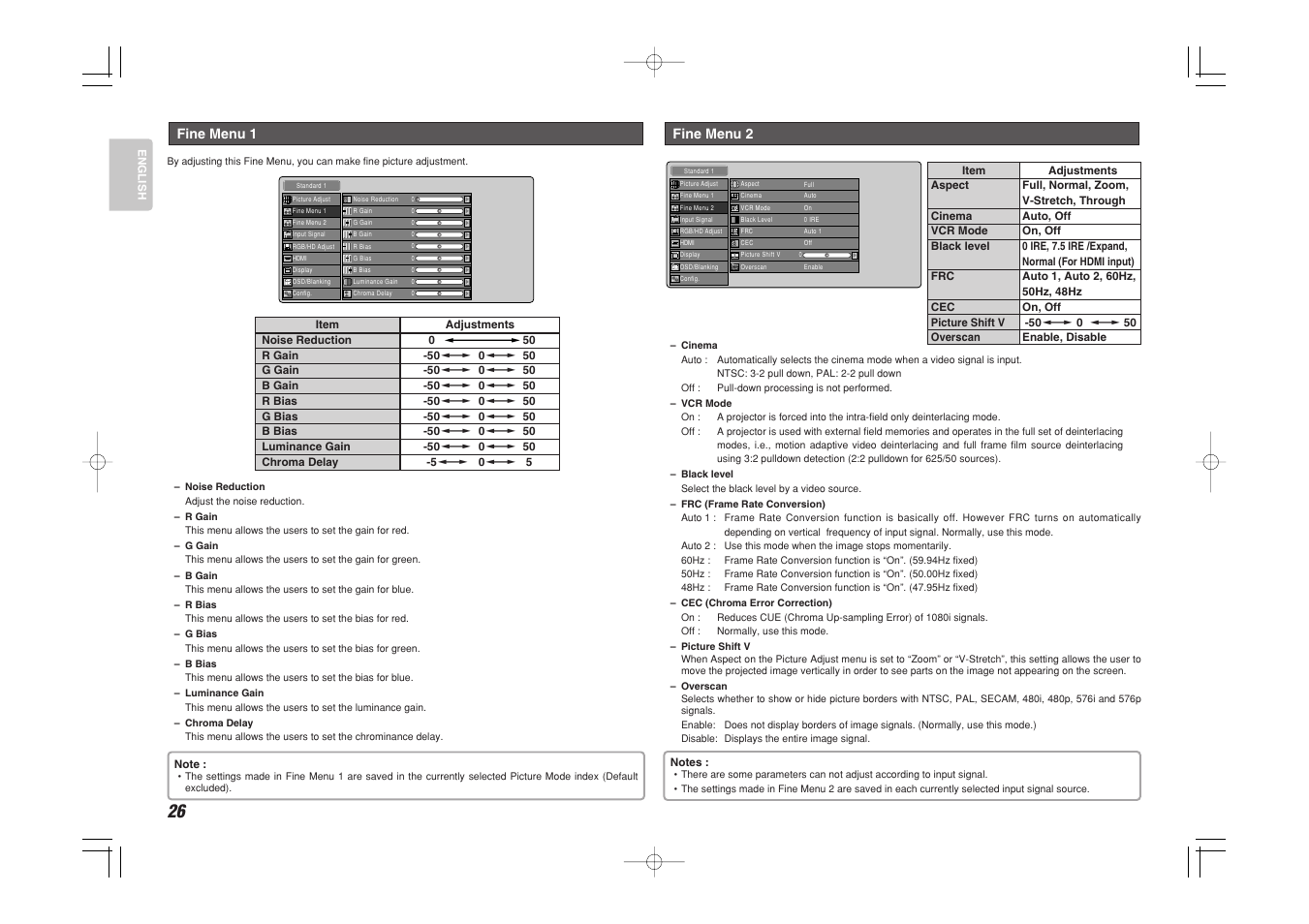 Fine menu 2, Fine menu 1 | Marantz VP-15S1 User Manual | Page 34 / 47