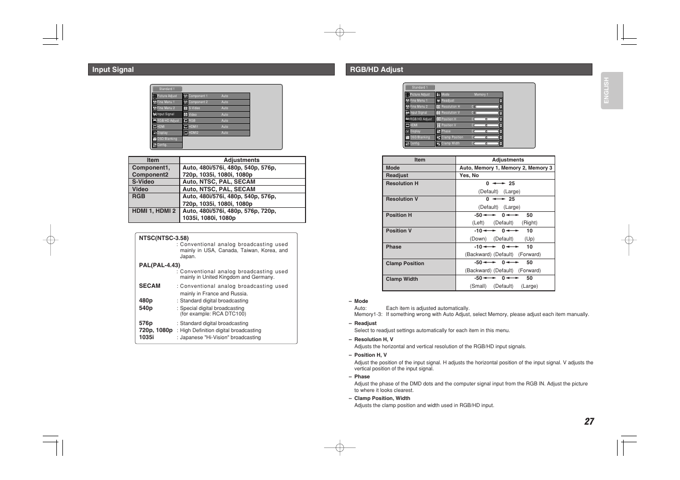 Input signal, Rgb/hd adjust | Marantz VP-15S1 User Manual | Page 35 / 47