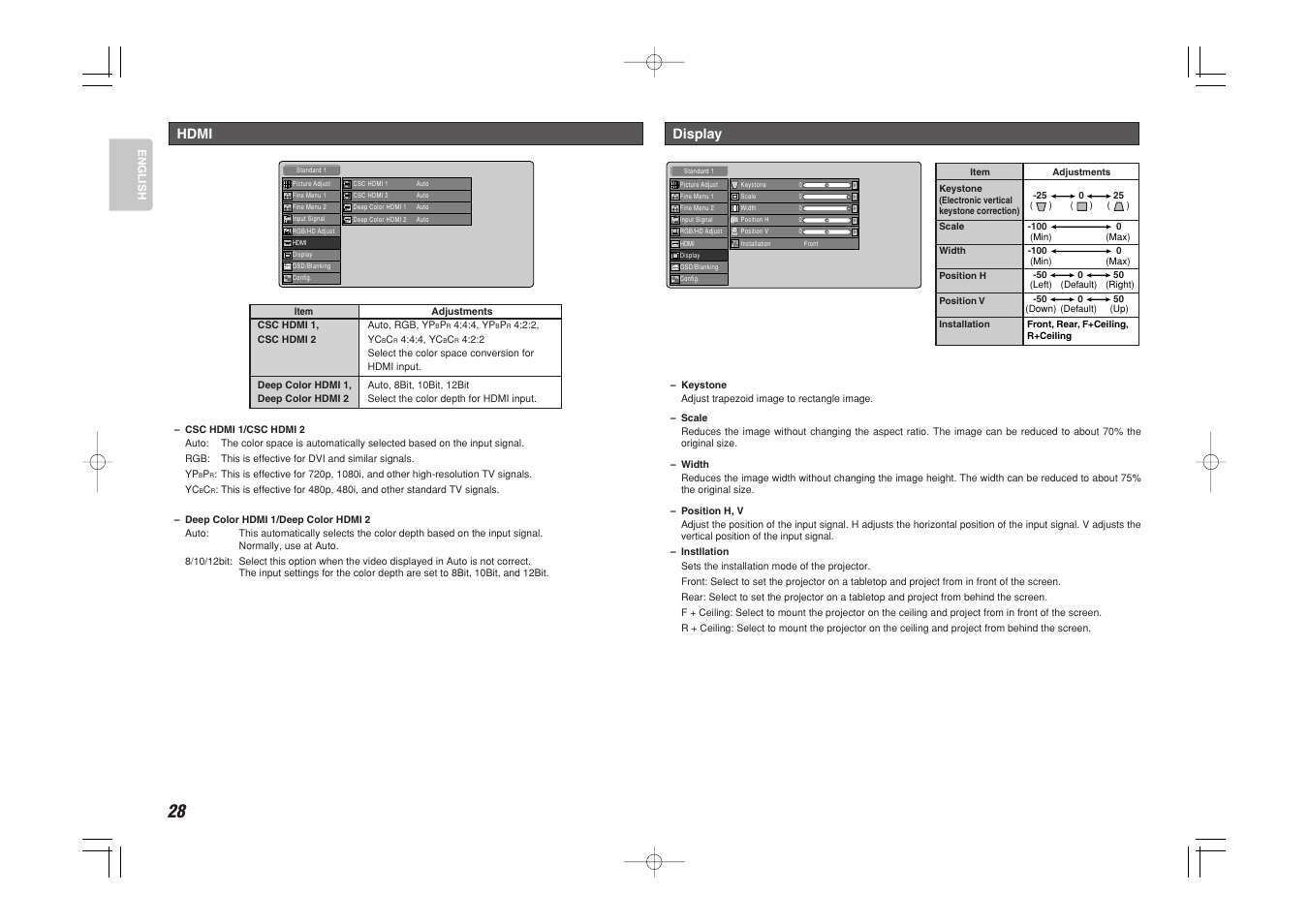 Display, Hdmi | Marantz VP-15S1 User Manual | Page 36 / 47