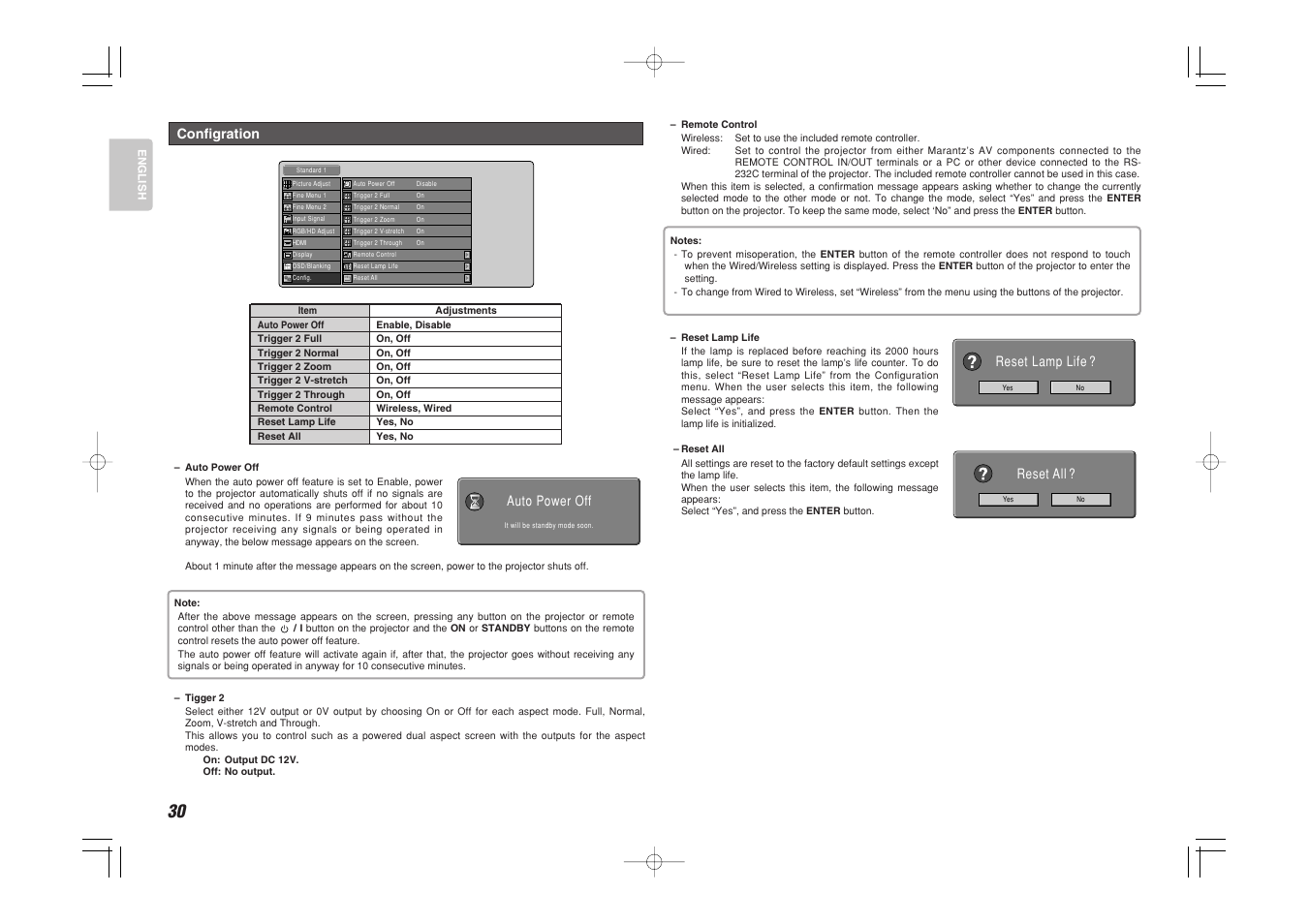 Configration, Reset lamp life ? reset all, Auto power off | Marantz VP-15S1 User Manual | Page 38 / 47