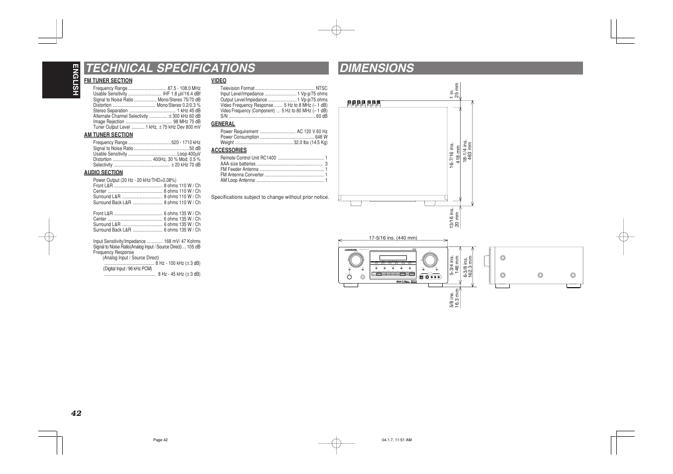 Technical specifications, Dimensions | Marantz SR8400 User Manual | Page 45 / 52