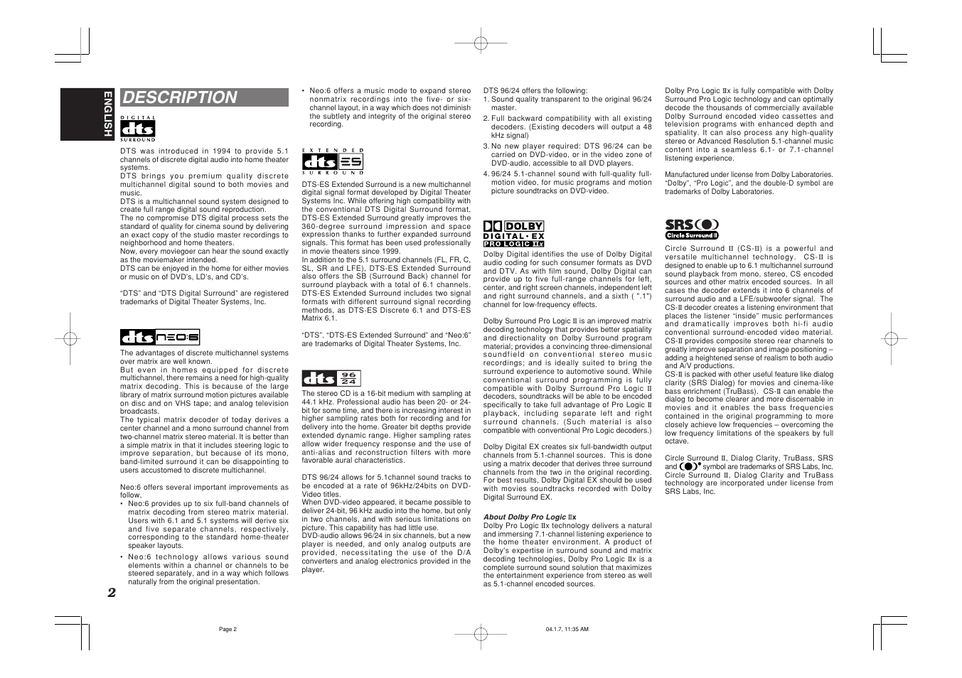 Description | Marantz SR8400 User Manual | Page 5 / 52