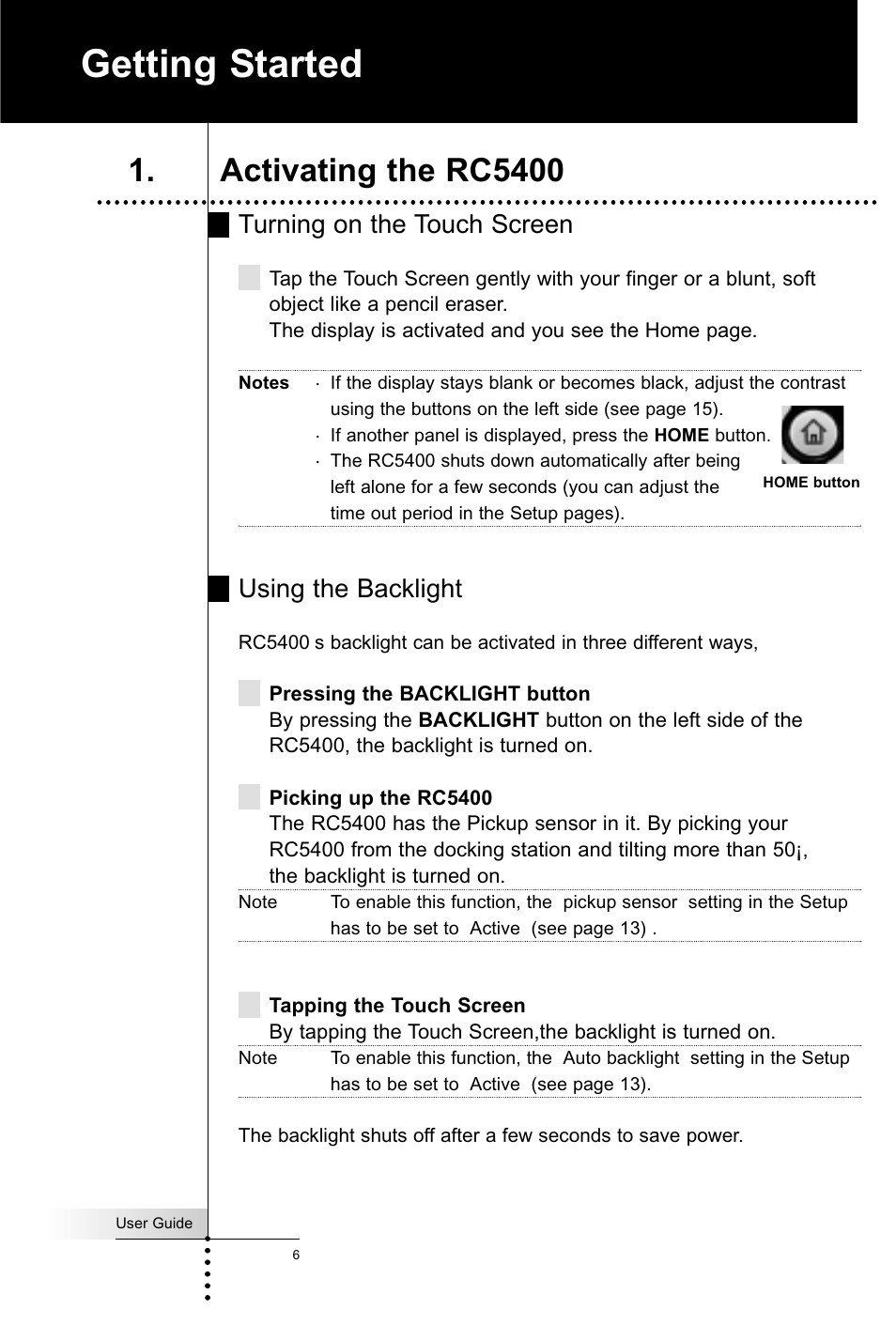 Getting started, Activating the rc5400, Turning on the touch screen | Using the backlight | Marantz RC5400 User Manual | Page 10 / 68