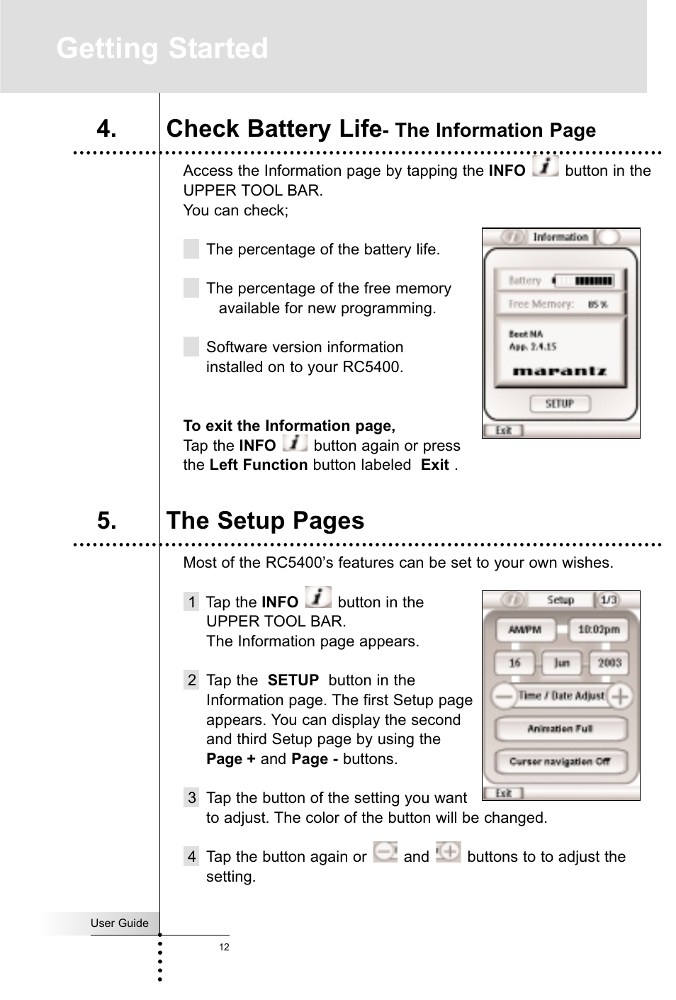 Getting started, Check battery life, The setup pages | The information page | Marantz RC5400 User Manual | Page 16 / 68