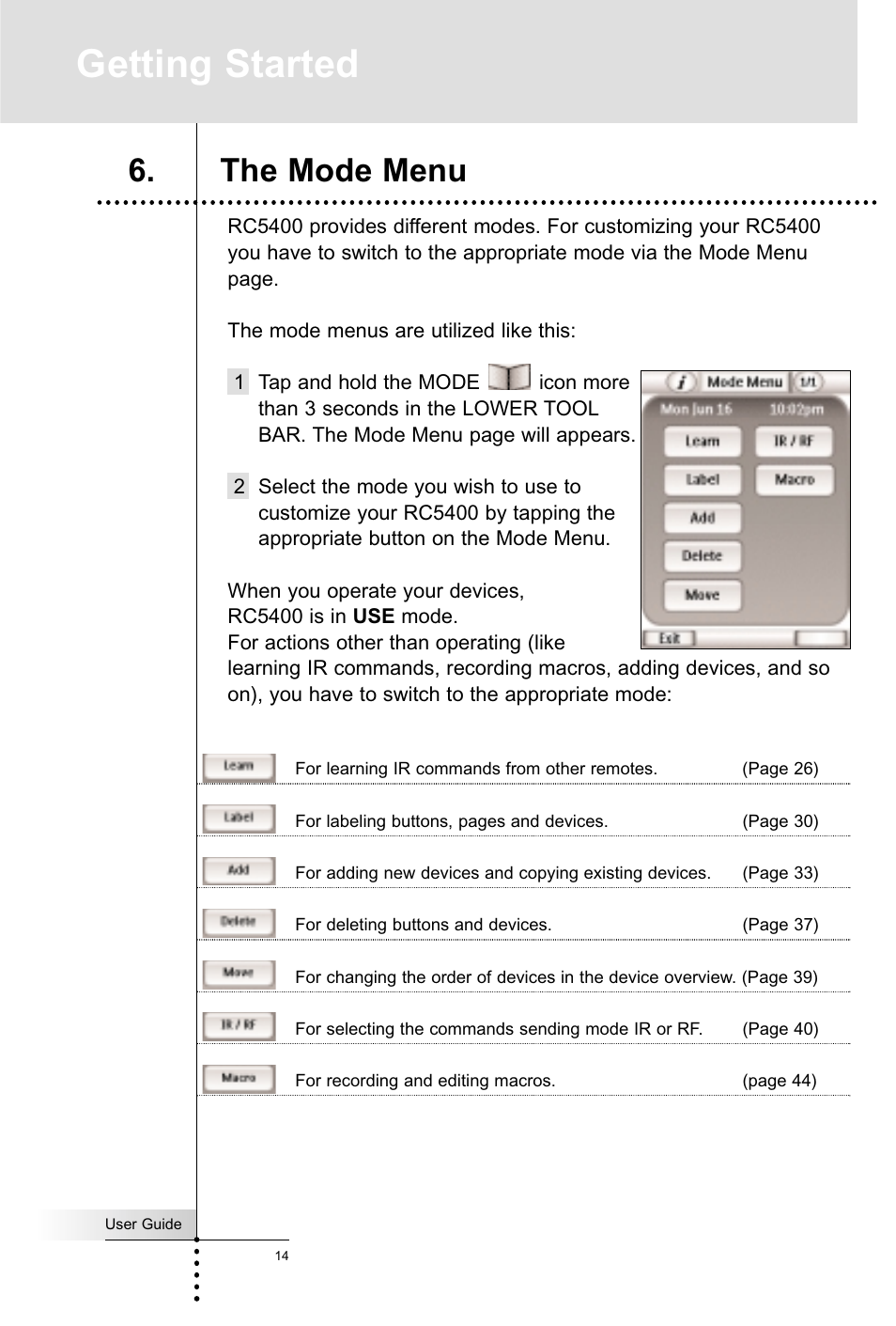 Getting started, The mode menu | Marantz RC5400 User Manual | Page 18 / 68