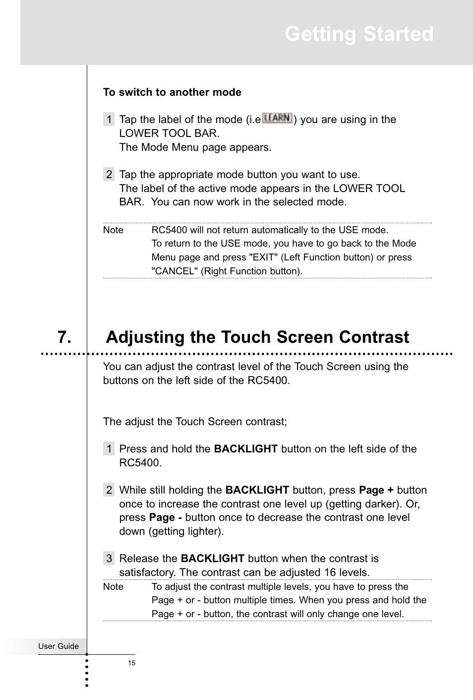 Getting started, Adjusting the touch screen contrast | Marantz RC5400 User Manual | Page 19 / 68