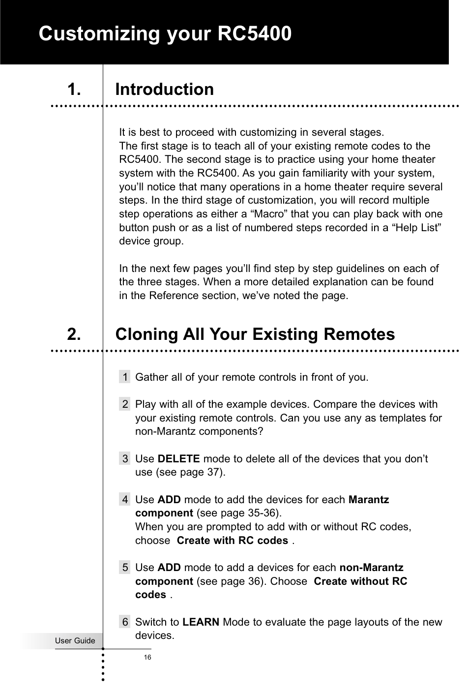 Customizing your rc5400, Introduction 2. cloning all your existing remotes | Marantz RC5400 User Manual | Page 20 / 68